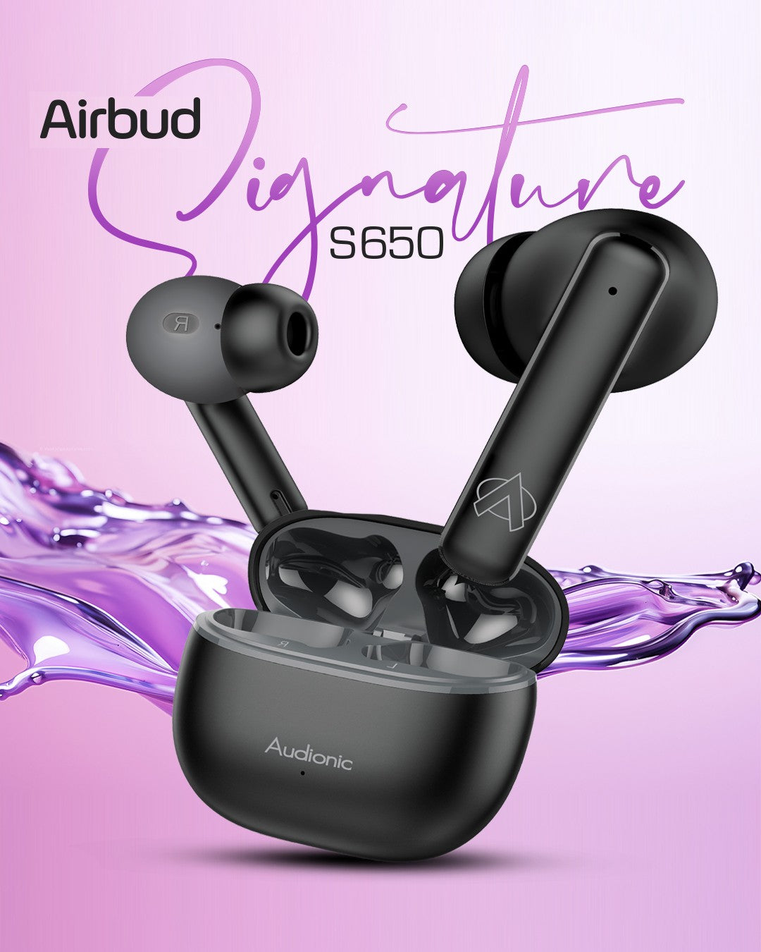 Audionic Airbud Signature S650 Quad Mic, ENC Wireless Earbuds, Gaming mode 45 MS Low Latency Earbud With 35 Hours Total Playtime, IPx5 Water Proof Wireless Earphones With Voice Assistance Bluetooth Ear buds And Headphones