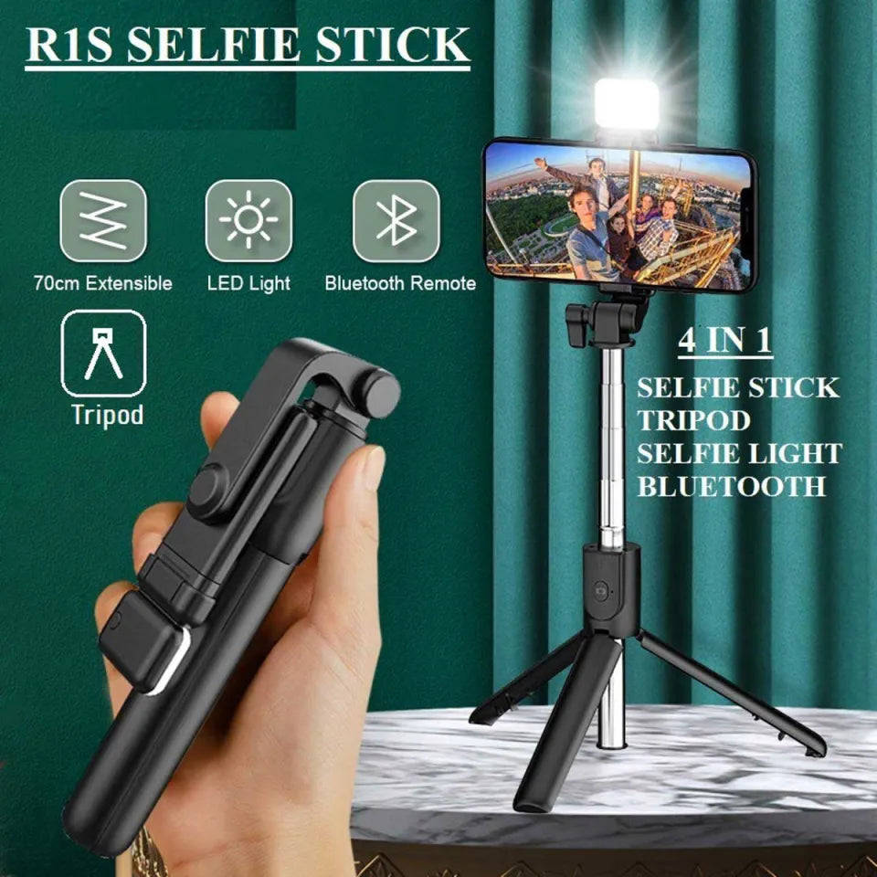 4 in 1 Wireless Selfie Stick & Tripod With Light - Tripod, Selfie Stick, Selfie Light, Bluetooth Shutter - Foldable & Portable For All Mobile Phones - Detachable Charging Cable